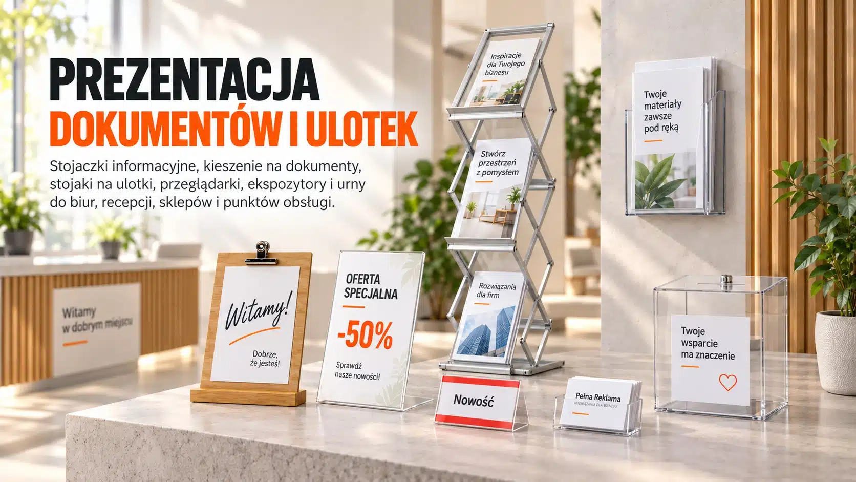Prezentacja dokumentów i ulotek – stojaczki informacyjne, kieszenie na dokumenty, stojaki na ulotki i foldery